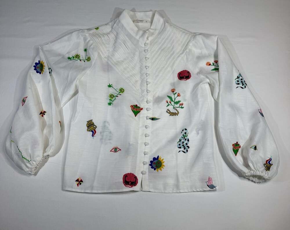 PEEKSKILL White Long Sleeve Button-Down Blouse with Colorful Vintage Tattoo Embr